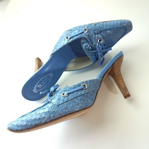 TOD'S Light Blue Leather Mules Size 6 Snakeskin Pattern - Picture 6 of 10